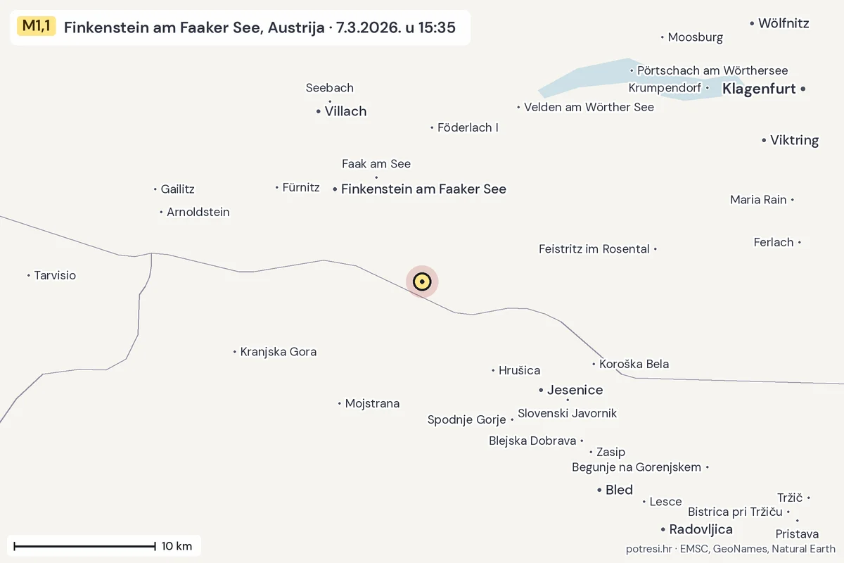 Karta: okolica epicentra, 60 km, potres M1,1, Finkenstein am Faaker See, Austrija, 7.3.2026.