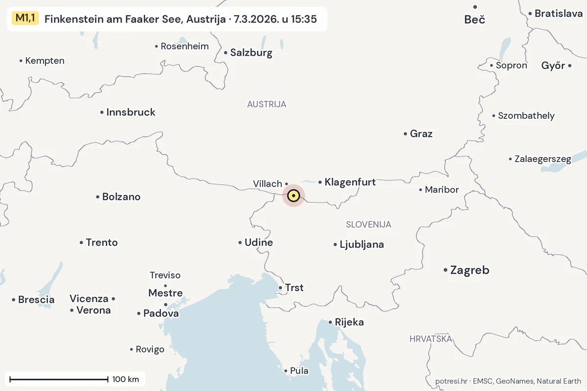 Karta: šire područje, 600 km, potres M1,1, Finkenstein am Faaker See, Austrija, 7.3.2026.