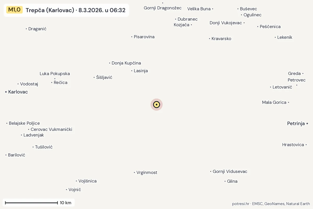 Karta: okolica epicentra, 60 km, potres M1,0, Trepča (Karlovac), 8.3.2026.