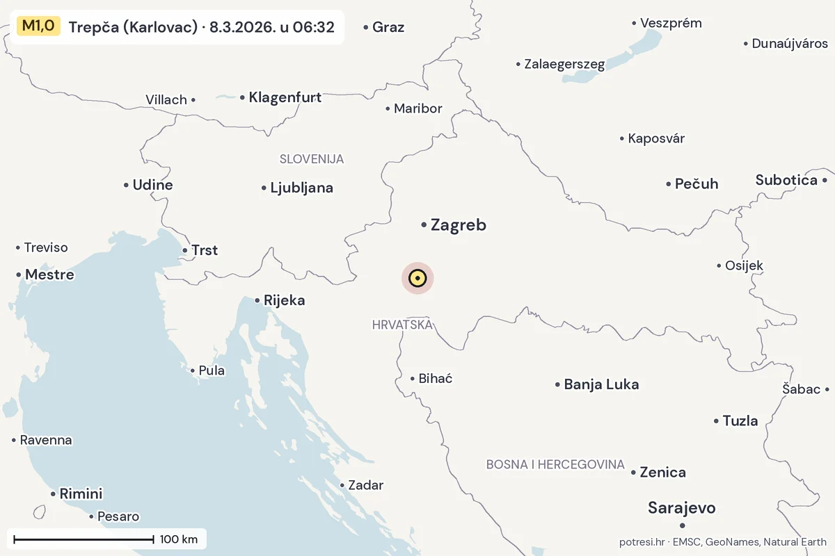 Karta: šire područje, 600 km, potres M1,0, Trepča (Karlovac), 8.3.2026.