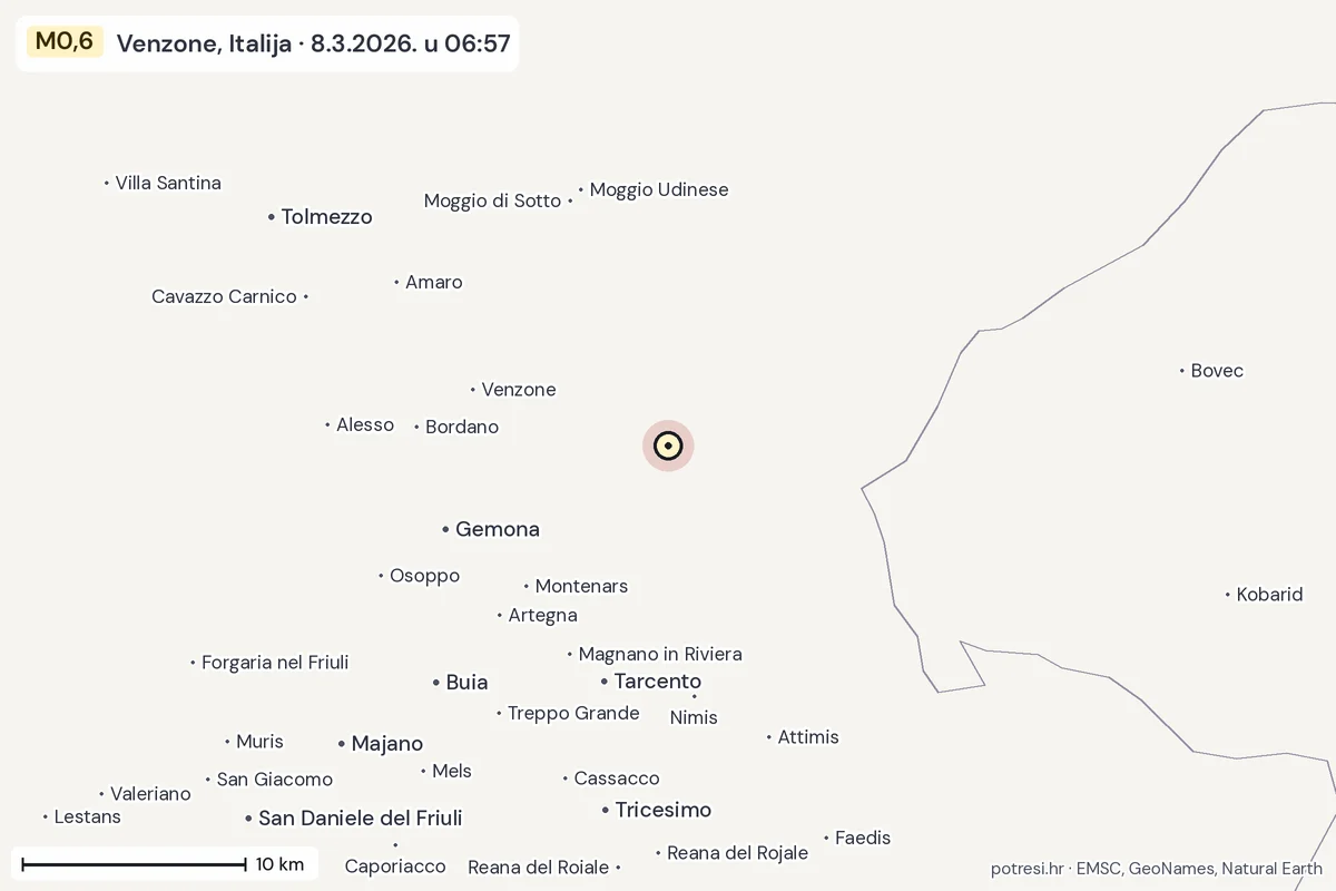 Karta: okolica epicentra, 60 km, potres M0,6, Venzone, Italija, 8.3.2026.