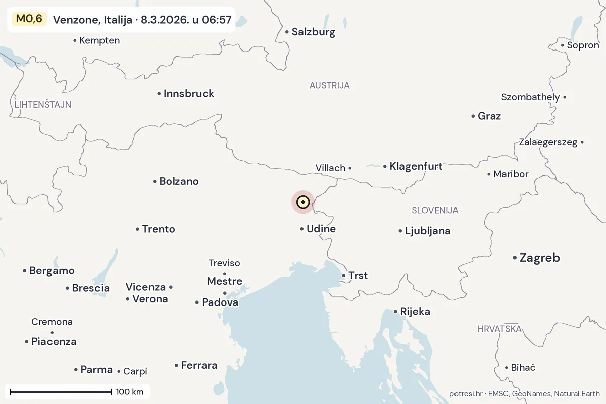 Karta: šire područje, 600 km, potres M0,6, Venzone, Italija, 8.3.2026.