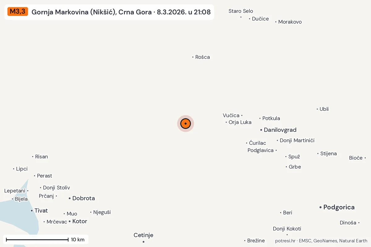 Karta: okolica epicentra, 60 km, potres M3,3, Gornja Markovina (Nikšić), Crna Gora, 8.3.2026.