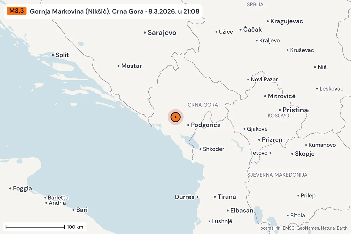 Karta: šire područje, 600 km, potres M3,3, Gornja Markovina (Nikšić), Crna Gora, 8.3.2026.