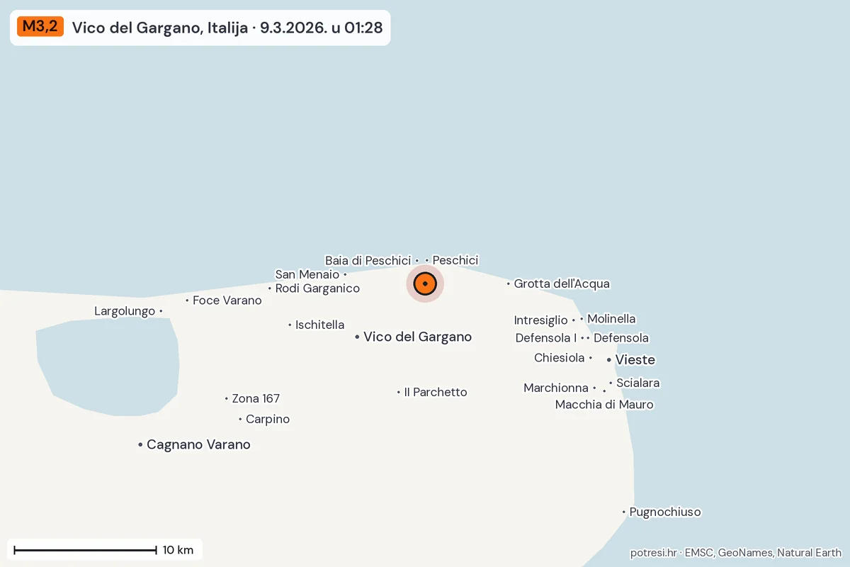 Karta: okolica epicentra, 60 km, potres M3,2, Vico del Gargano, Italija, 9.3.2026.