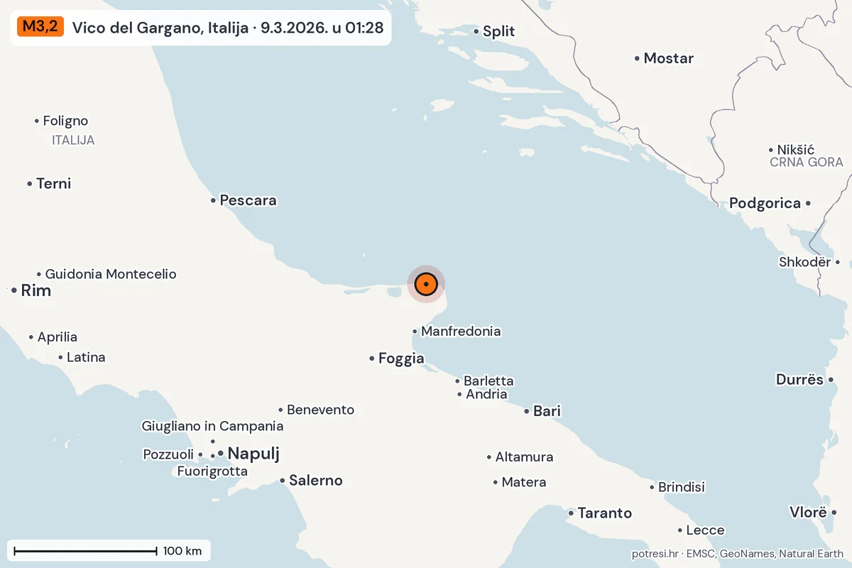 Karta: šire područje, 600 km, potres M3,2, Vico del Gargano, Italija, 9.3.2026.
