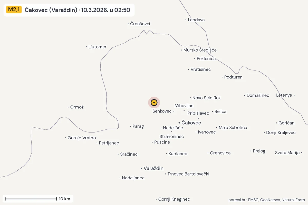 Karta: okolica epicentra, 60 km, potres M2,1, Čakovec (Varaždin), 10.3.2026.