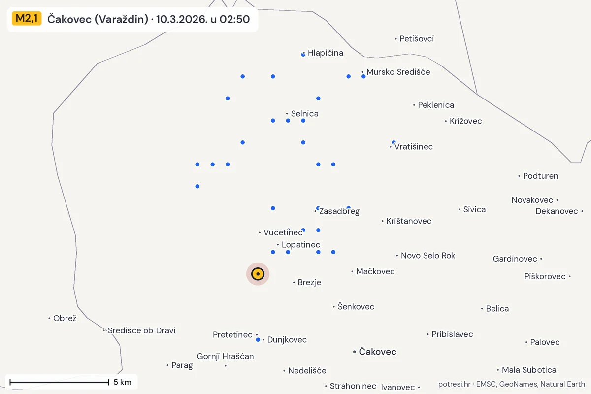Karta: izvješća građana, potres M2,1, Čakovec (Varaždin), 10.3.2026.