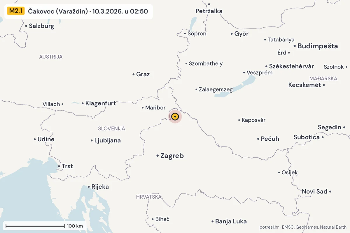 Karta: šire područje, 600 km, potres M2,1, Čakovec (Varaždin), 10.3.2026.