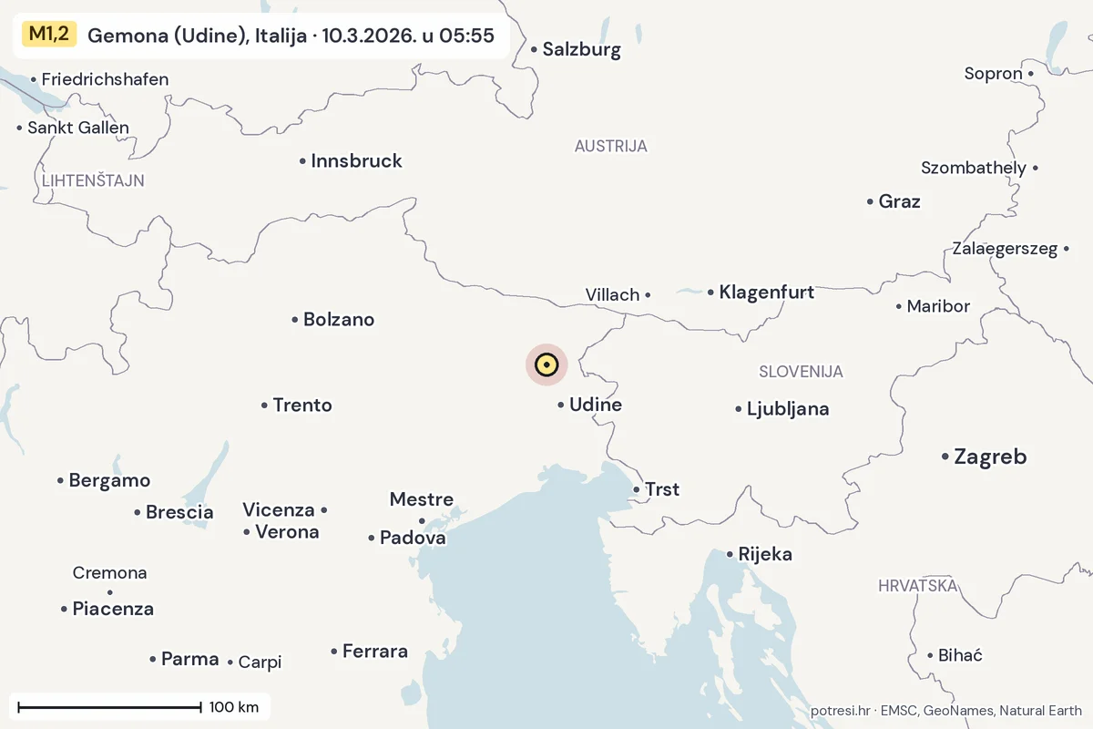 Karta: šire područje, 600 km, potres M1,2, Gemona (Udine), Italija, 10.3.2026.