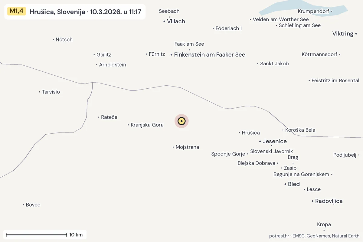 Karta: okolica epicentra, 60 km, potres M1,4, Hrušica, Slovenija, 10.3.2026.