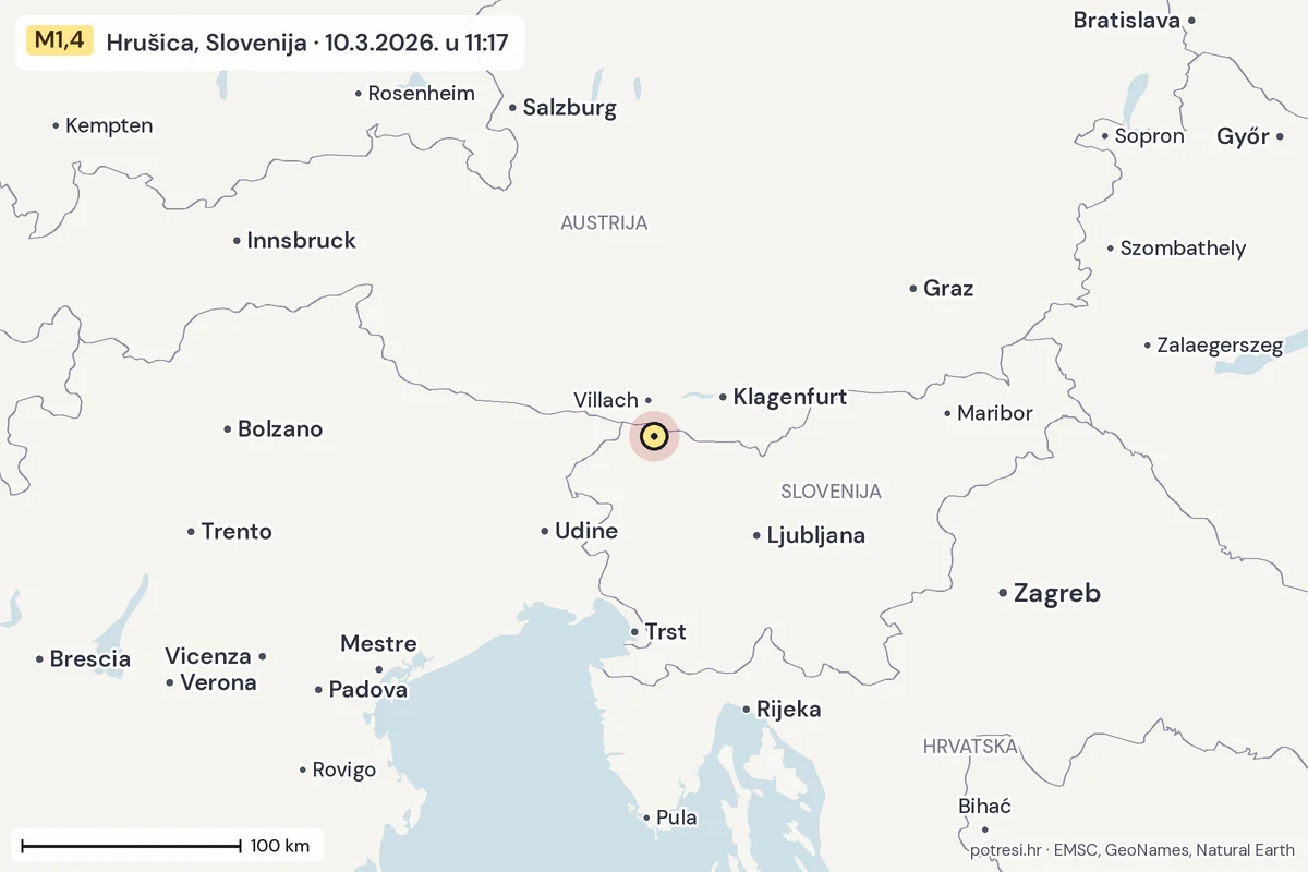 Karta: šire područje, 600 km, potres M1,4, Hrušica, Slovenija, 10.3.2026.
