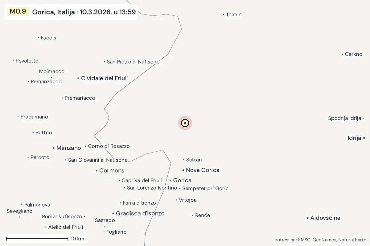 Karta: okolica epicentra, 60 km, potres M0,9, Gorica, Italija, 10.3.2026.