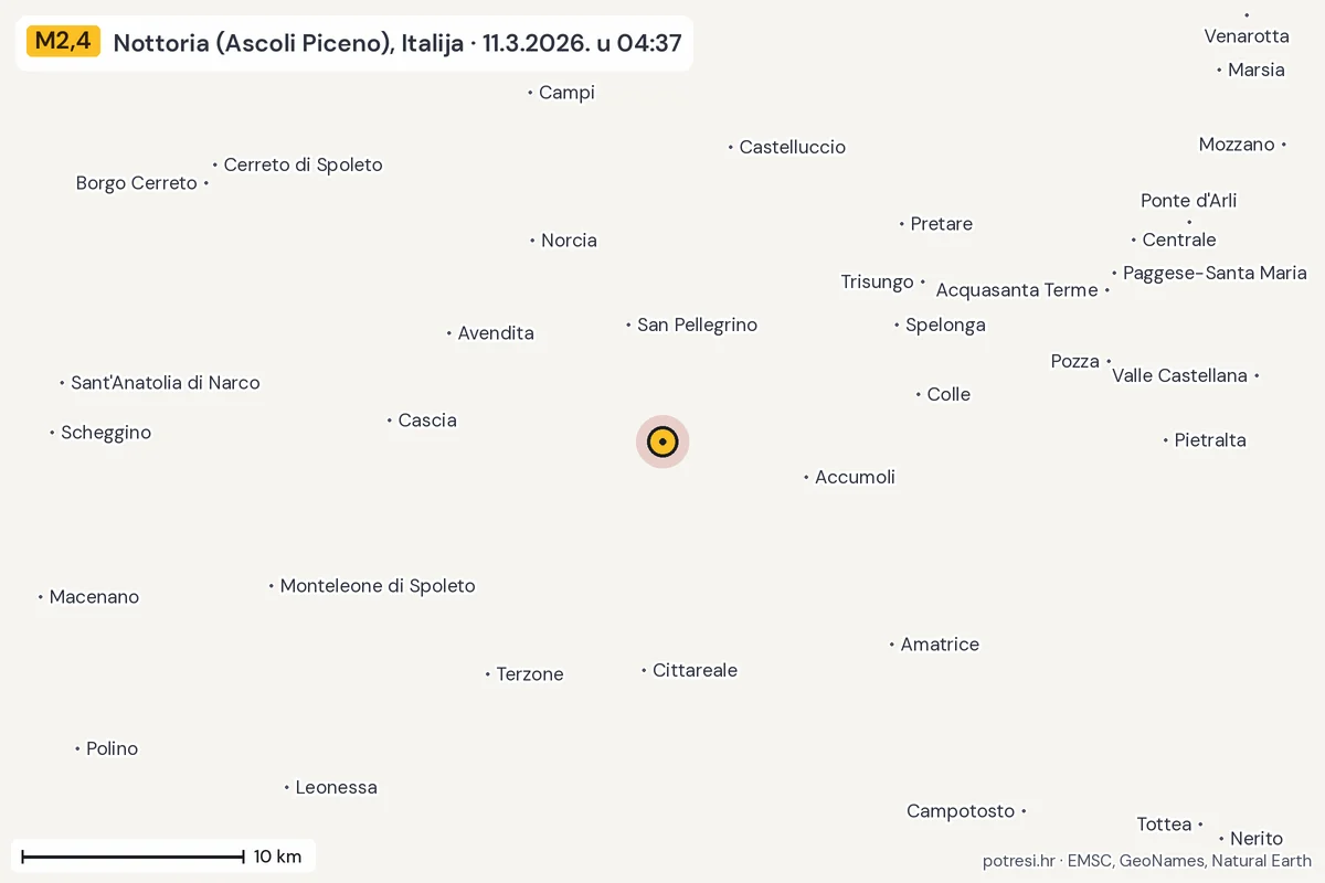 Karta: okolica epicentra, 60 km, potres M2,4, Nottoria (Ascoli Piceno), Italija, 11.3.2026.