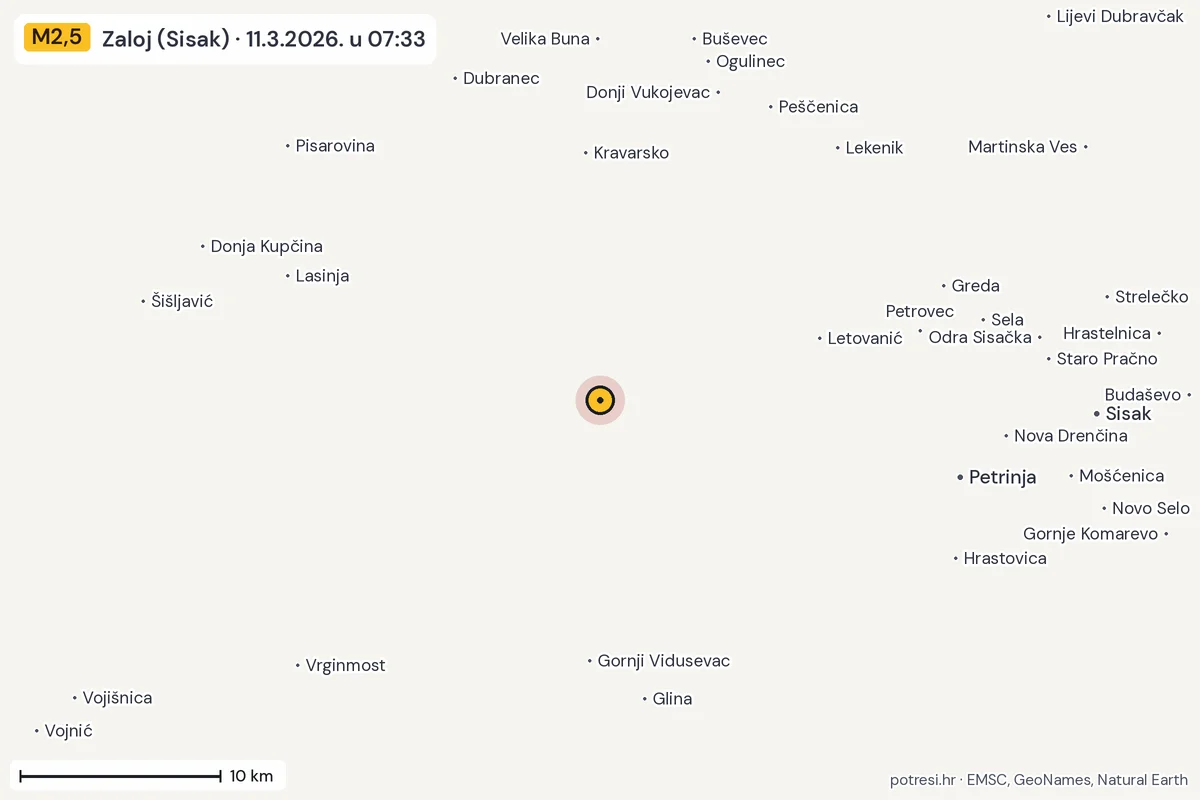 Karta: okolica epicentra, 60 km, potres M2,5, Zaloj (Sisak), 11.3.2026.