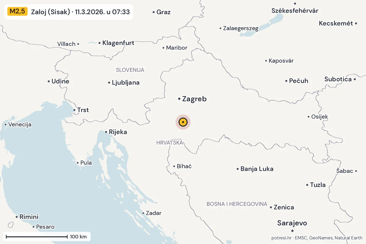 Karta: šire područje, 600 km, potres M2,5, Zaloj (Sisak), 11.3.2026.