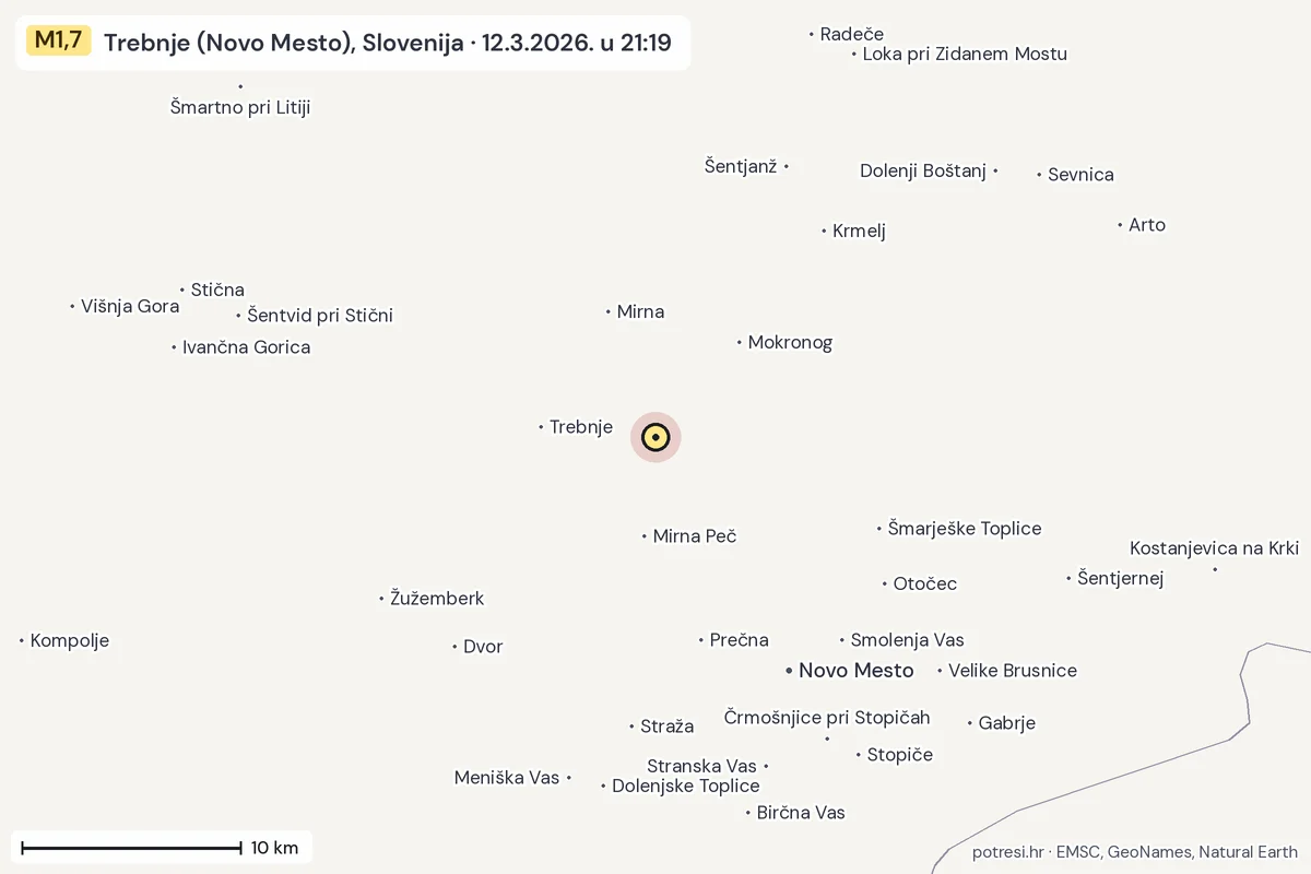 Karta: okolica epicentra, 60 km, potres M1,7, Trebnje (Novo Mesto), Slovenija, 12.3.2026.