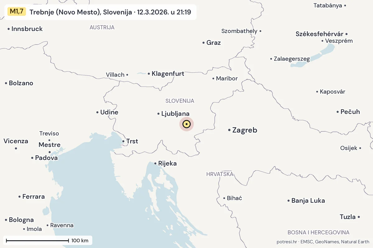 Karta: šire područje, 600 km, potres M1,7, Trebnje (Novo Mesto), Slovenija, 12.3.2026.