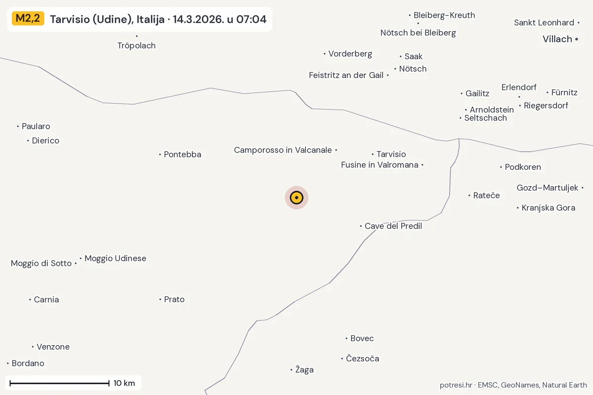 Karta: okolica epicentra, 60 km, potres M2,2, Tarvisio (Udine), Italija, 14.3.2026.