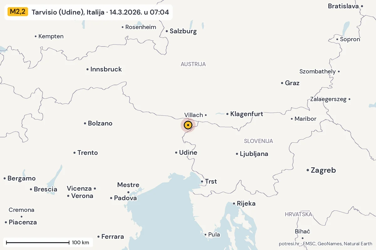 Karta: šire područje, 600 km, potres M2,2, Tarvisio (Udine), Italija, 14.3.2026.