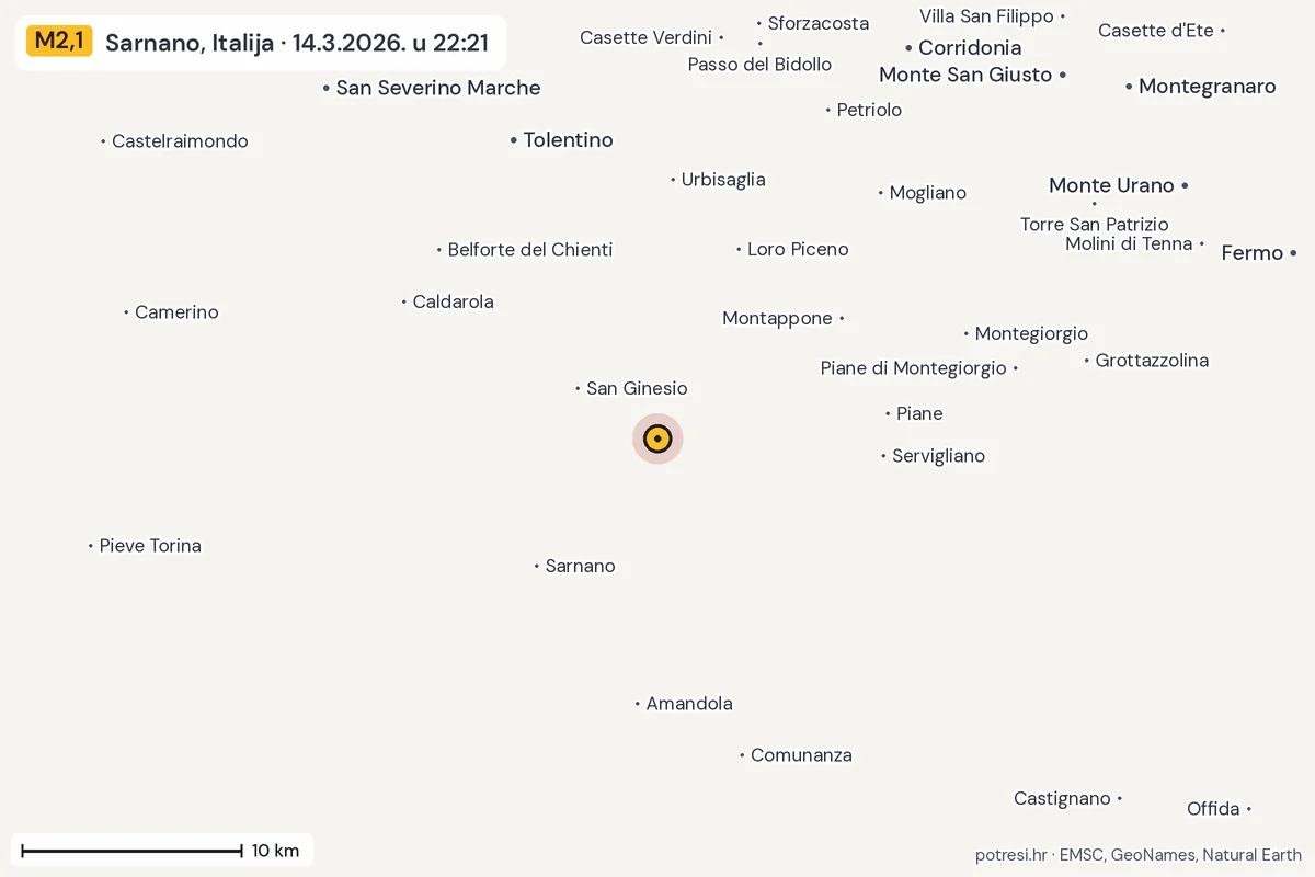 Karta: okolica epicentra, 60 km, potres M2,1, Sarnano, Italija, 14.3.2026.
