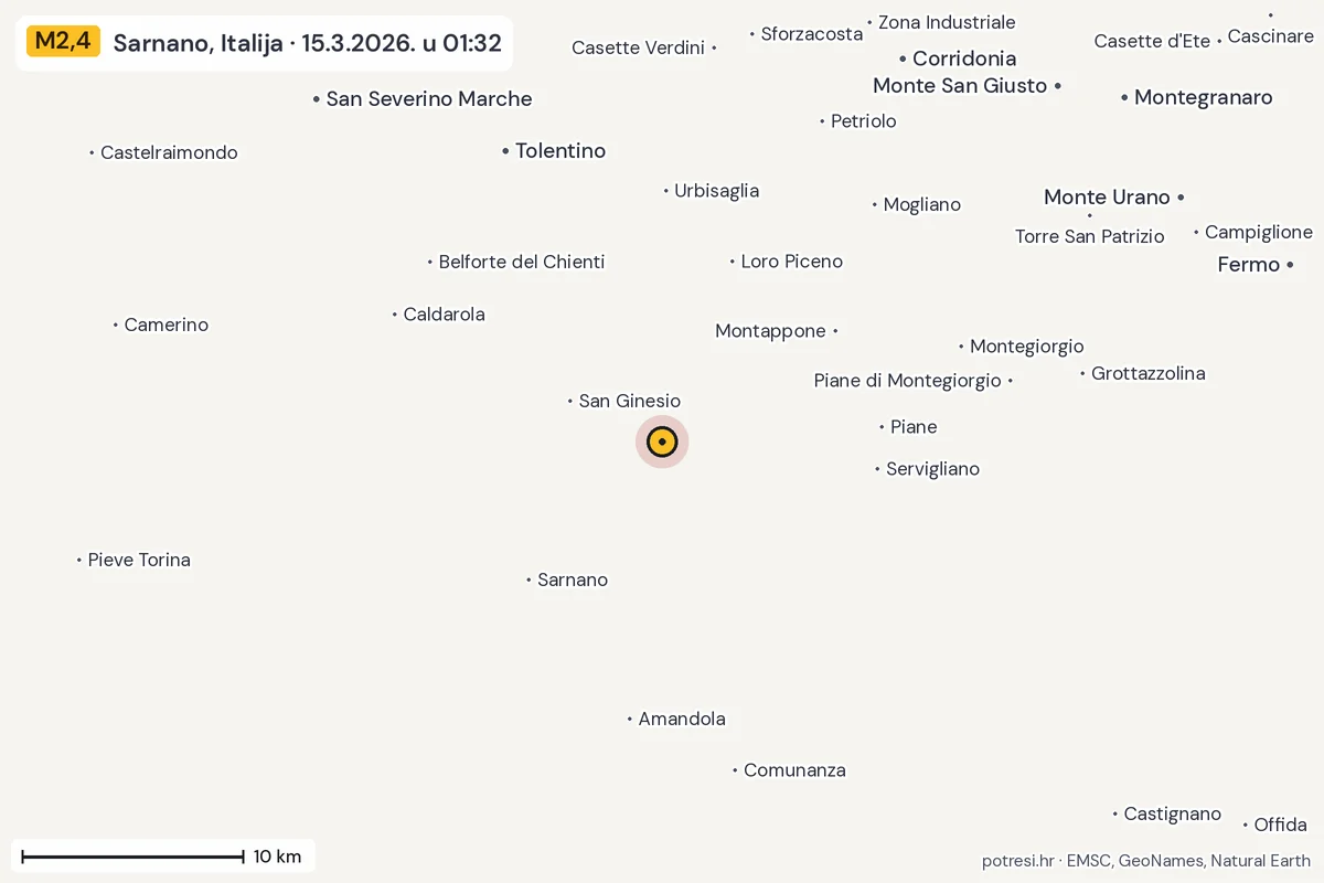 Karta: okolica epicentra, 60 km, potres M2,4, Sarnano, Italija, 15.3.2026.
