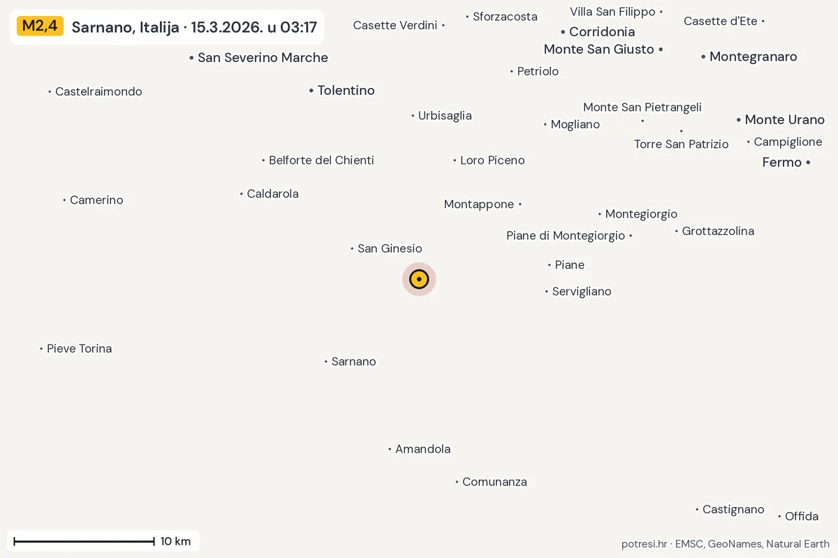 Karta: okolica epicentra, 60 km, potres M2,4, Sarnano, Italija, 15.3.2026.