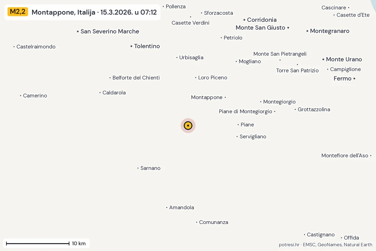 Karta: okolica epicentra, 60 km, potres M2,2, Montappone, Italija, 15.3.2026.