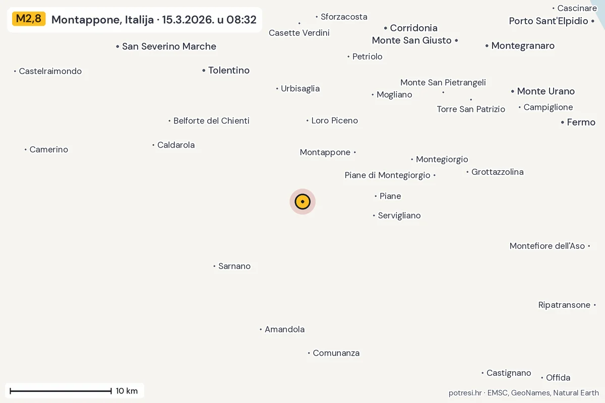 Karta: okolica epicentra, 60 km, potres M2,8, Montappone, Italija, 15.3.2026.
