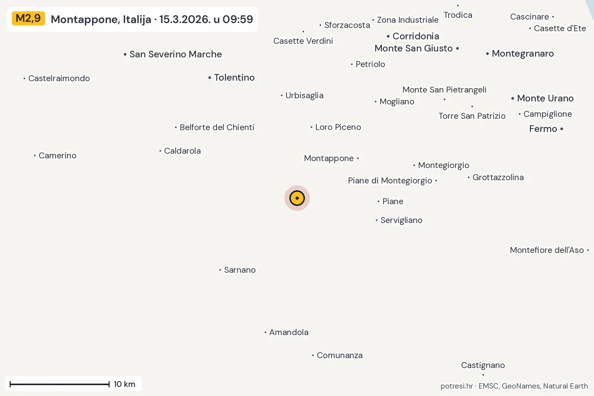 Karta: okolica epicentra, 60 km, potres M2,9, Montappone, Italija, 15.3.2026.