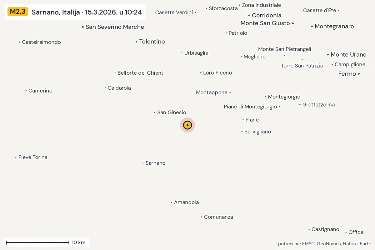 Karta: okolica epicentra, 60 km, potres M2,3, Sarnano, Italija, 15.3.2026.