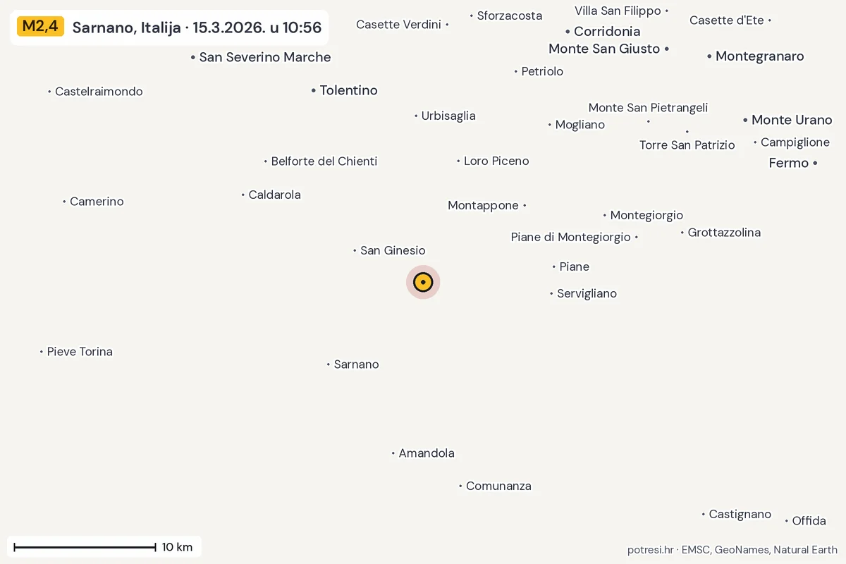Karta: okolica epicentra, 60 km, potres M2,4, Sarnano, Italija, 15.3.2026.