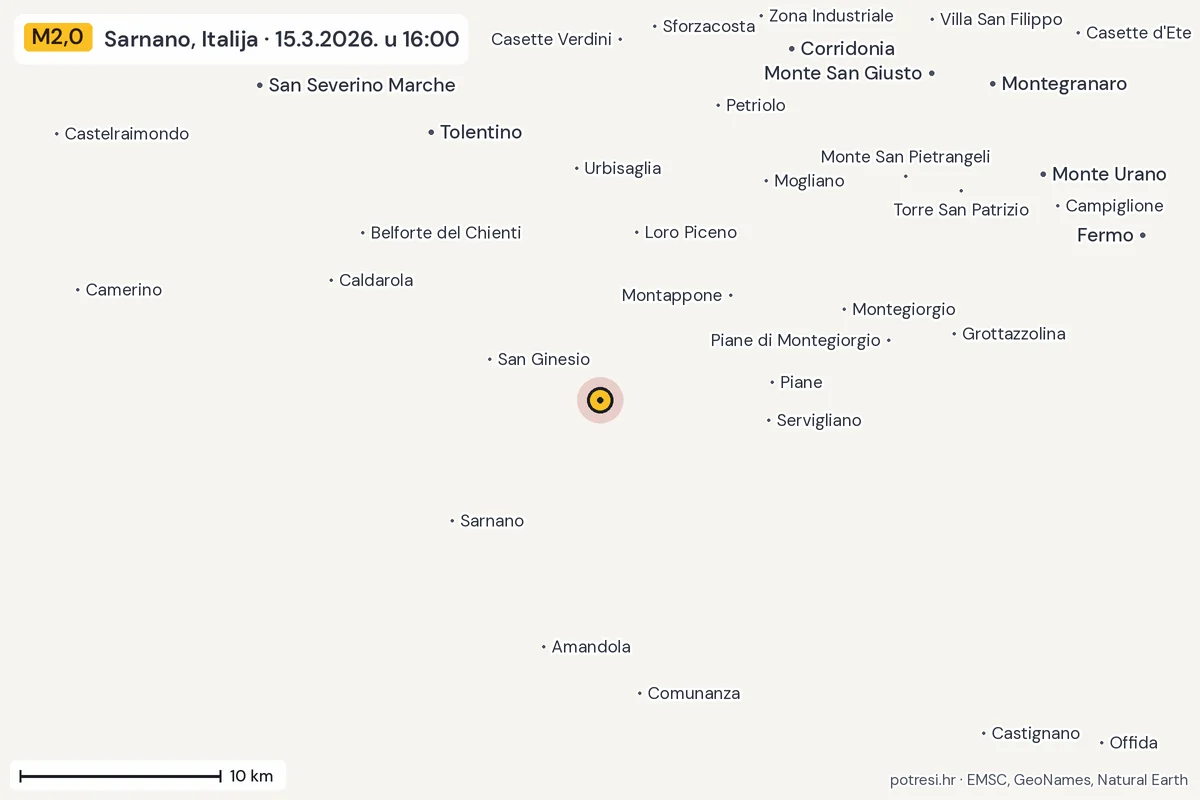 Karta: okolica epicentra, 60 km, potres M2,0, Sarnano, Italija, 15.3.2026.