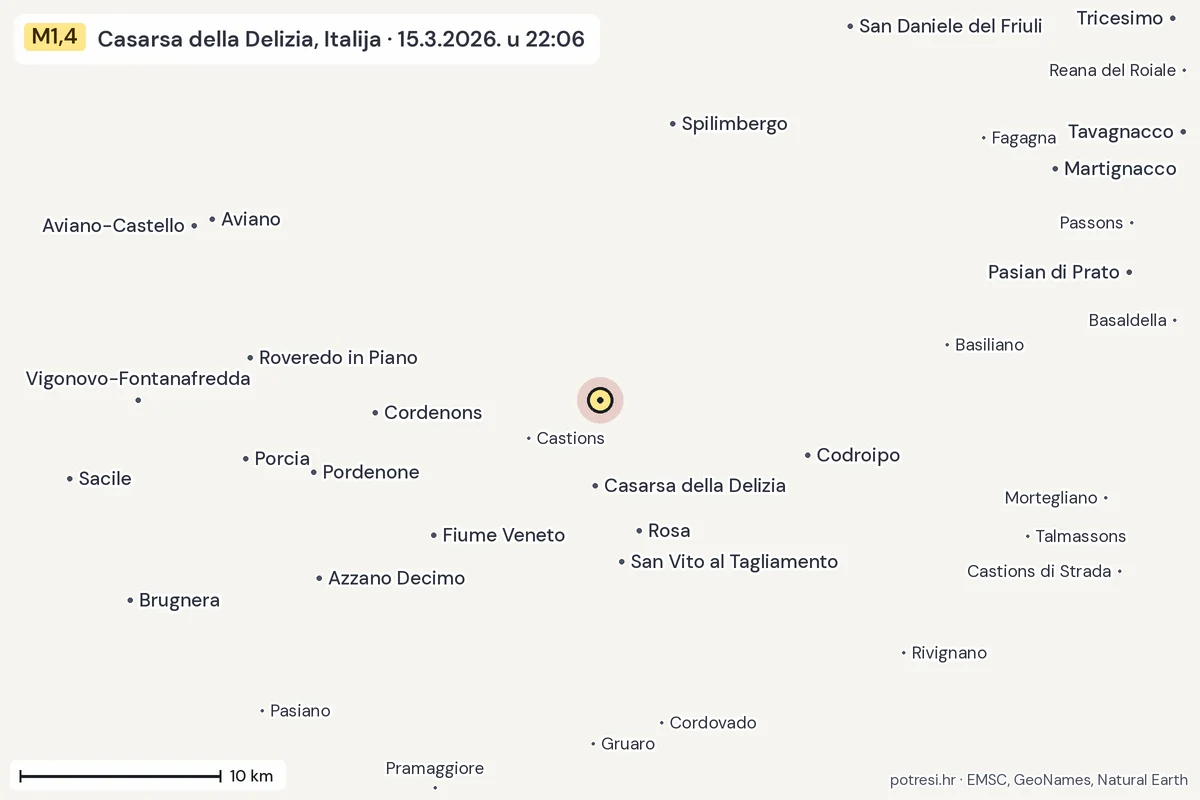 Karta: okolica epicentra, 60 km, potres M1,4, Casarsa della Delizia, Italija, 15.3.2026.
