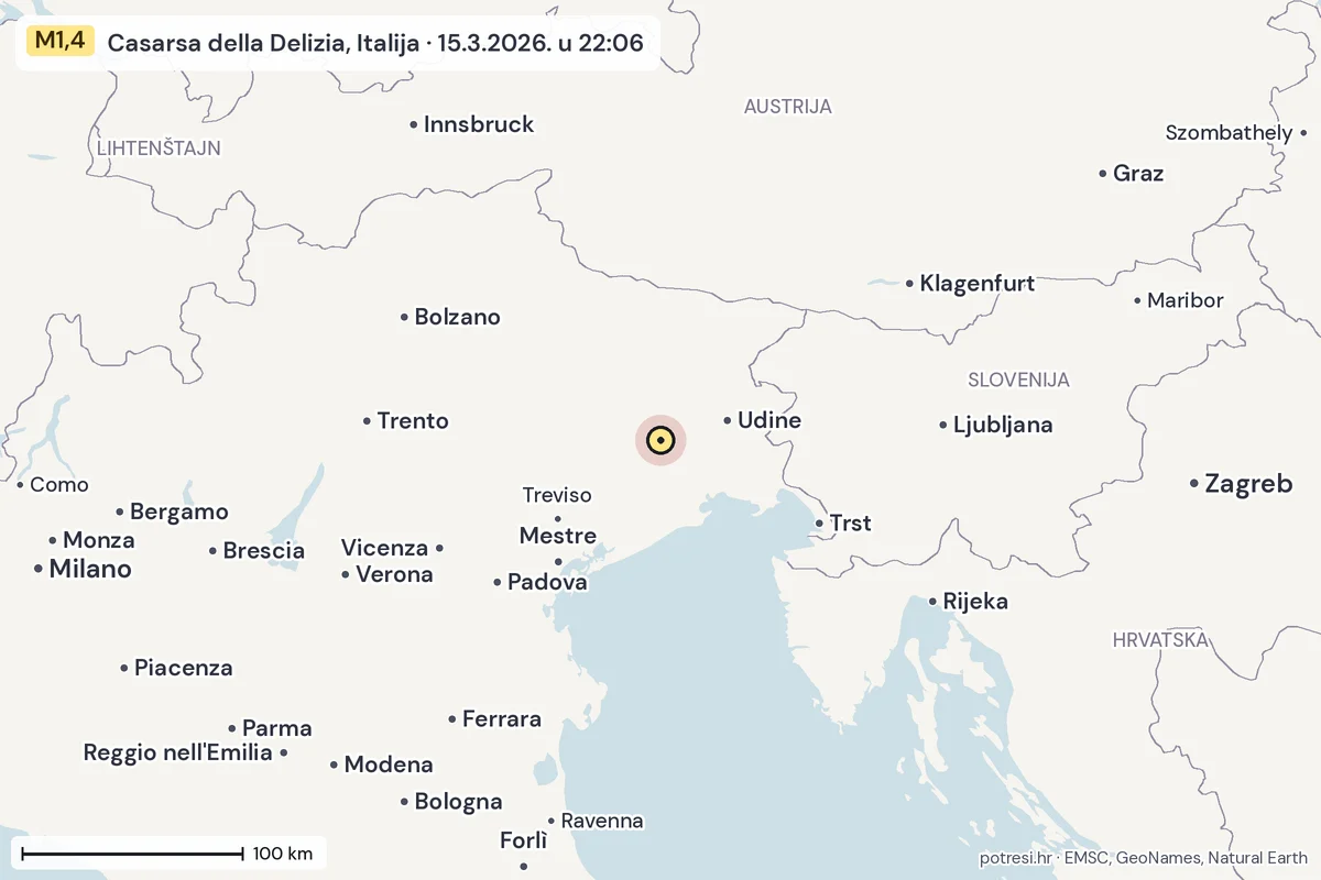 Karta: šire područje, 600 km, potres M1,4, Casarsa della Delizia, Italija, 15.3.2026.