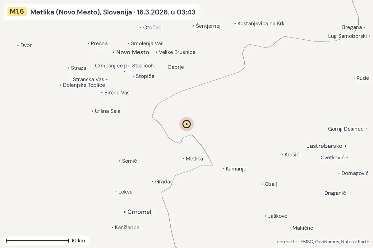 Karta: okolica epicentra, 60 km, potres M1,6, Metlika (Novo Mesto), Slovenija, 16.3.2026.