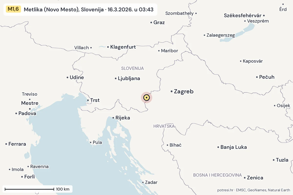 Karta: šire područje, 600 km, potres M1,6, Metlika (Novo Mesto), Slovenija, 16.3.2026.