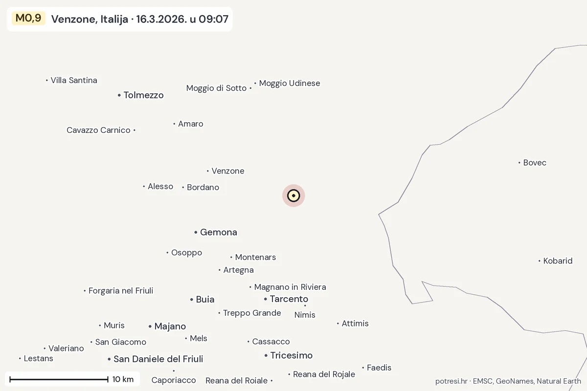 Karta: okolica epicentra, 60 km, potres M0,9, Venzone, Italija, 16.3.2026.