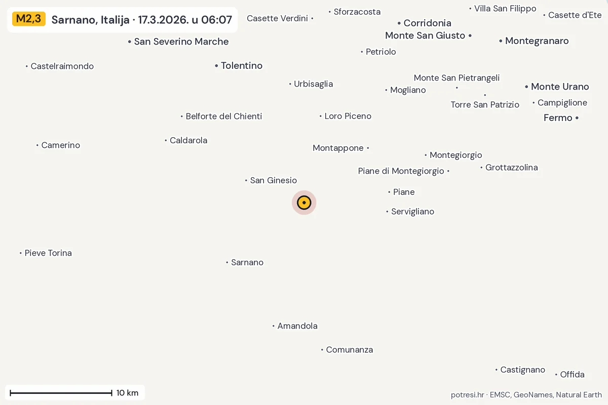 Karta: okolica epicentra, 60 km, potres M2,3, Sarnano, Italija, 17.3.2026.