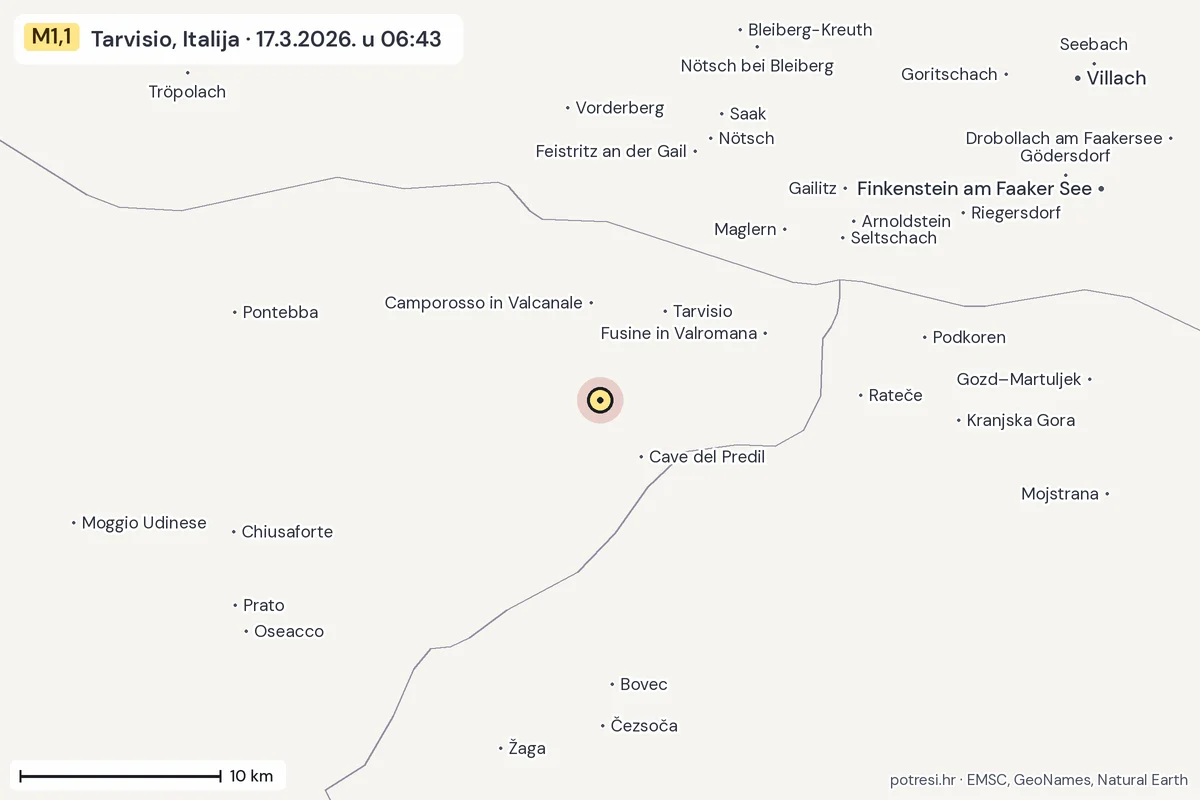 Karta: okolica epicentra, 60 km, potres M1,1, Tarvisio, Italija, 17.3.2026.