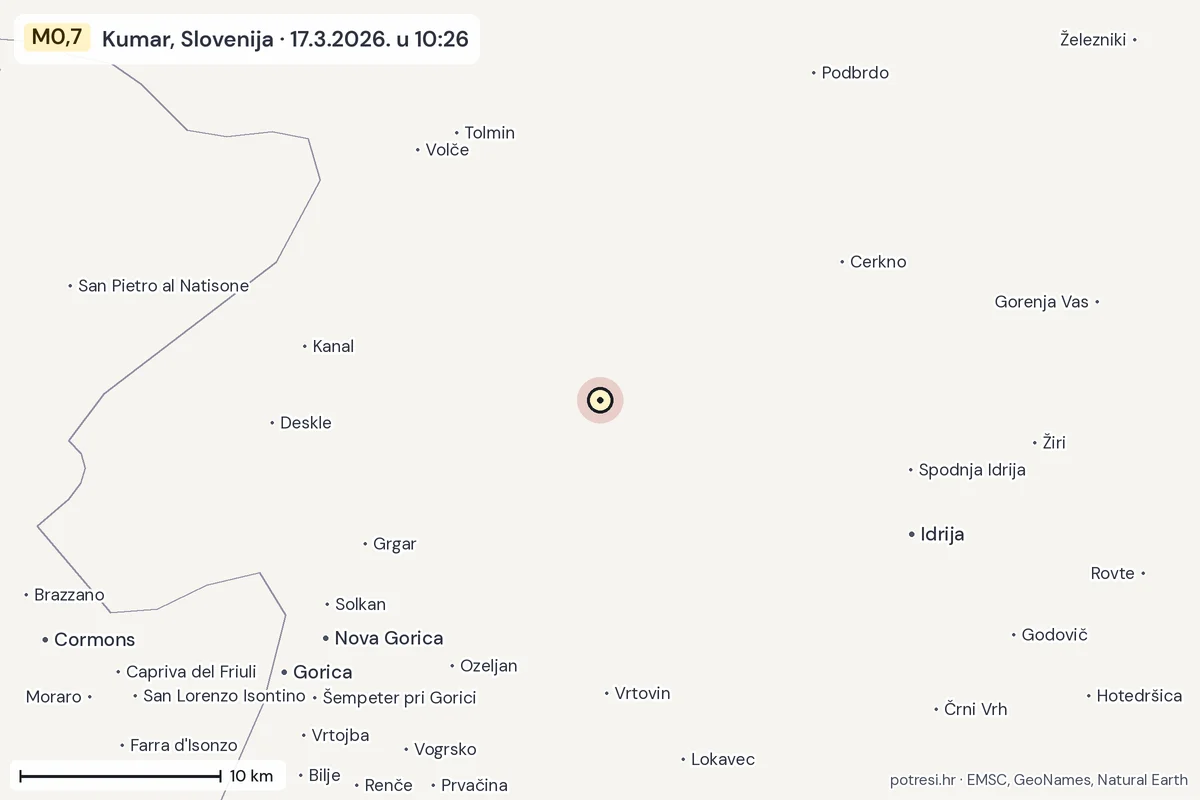 Karta: okolica epicentra, 60 km, potres M0,7, Kumar, Slovenija, 17.3.2026.