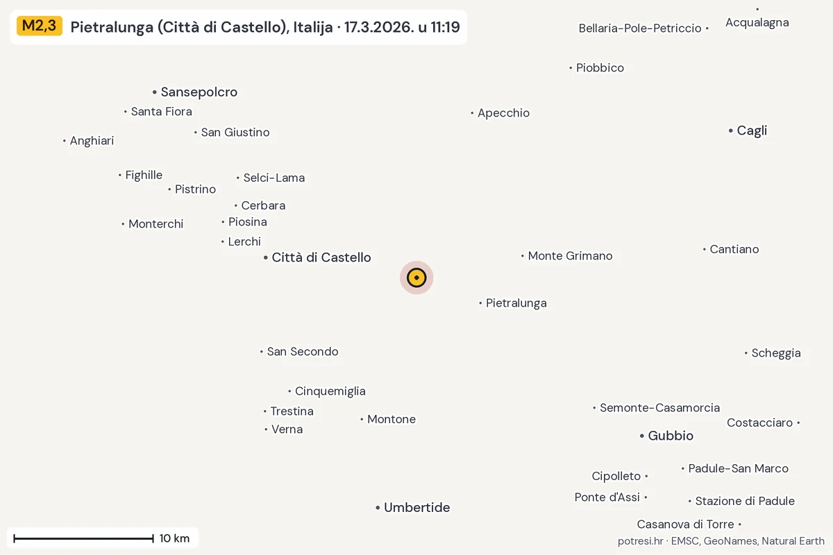Karta: okolica epicentra, 60 km, potres M2,3, Pietralunga (Città di Castello), Italija, 17.3.2026.