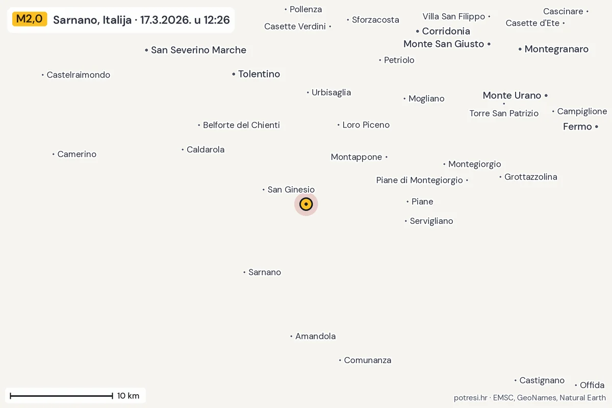 Karta: okolica epicentra, 60 km, potres M2,0, Sarnano, Italija, 17.3.2026.