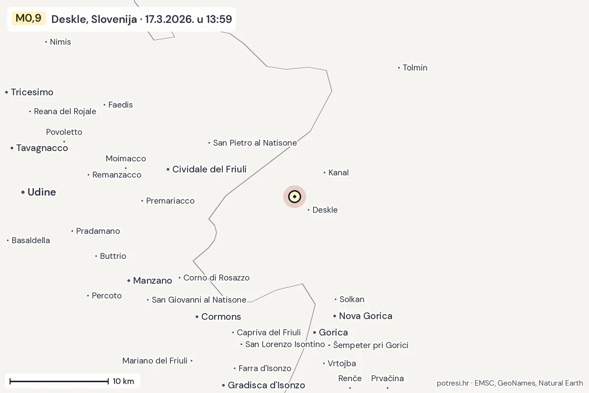 Karta: okolica epicentra, 60 km, potres M0,9, Deskle, Slovenija, 17.3.2026.