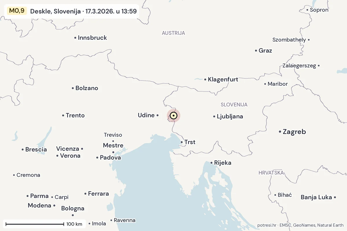 Karta: šire područje, 600 km, potres M0,9, Deskle, Slovenija, 17.3.2026.