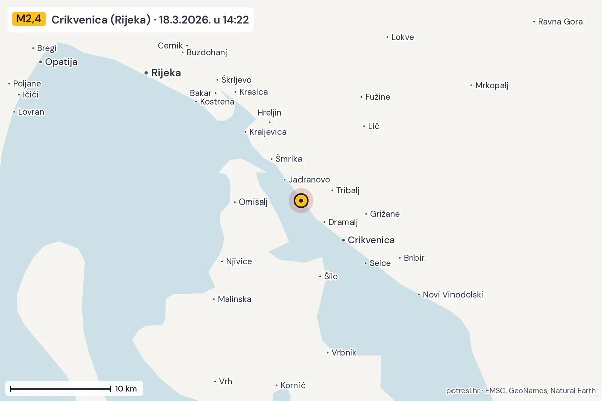 Karta: okolica epicentra, 60 km, potres M2,4, Crikvenica (Rijeka), 18.3.2026.