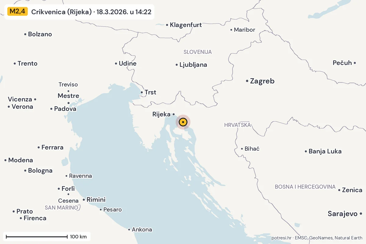 Karta: šire područje, 600 km, potres M2,4, Crikvenica (Rijeka), 18.3.2026.