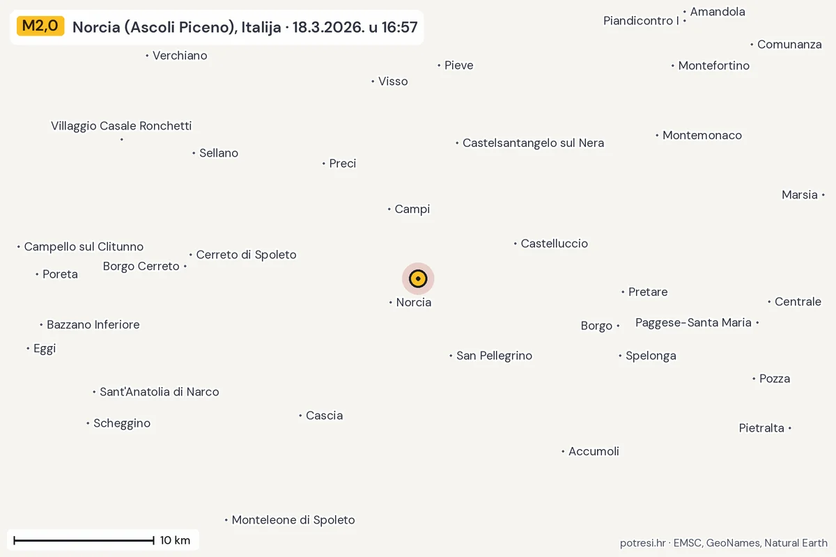 Karta: okolica epicentra, 60 km, potres M2,0, Norcia (Ascoli Piceno), Italija, 18.3.2026.