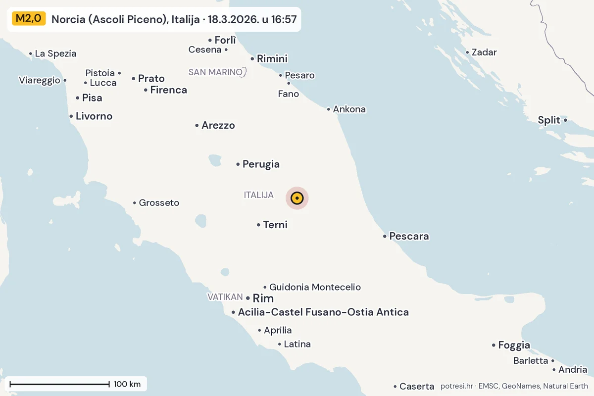 Karta: šire područje, 600 km, potres M2,0, Norcia (Ascoli Piceno), Italija, 18.3.2026.