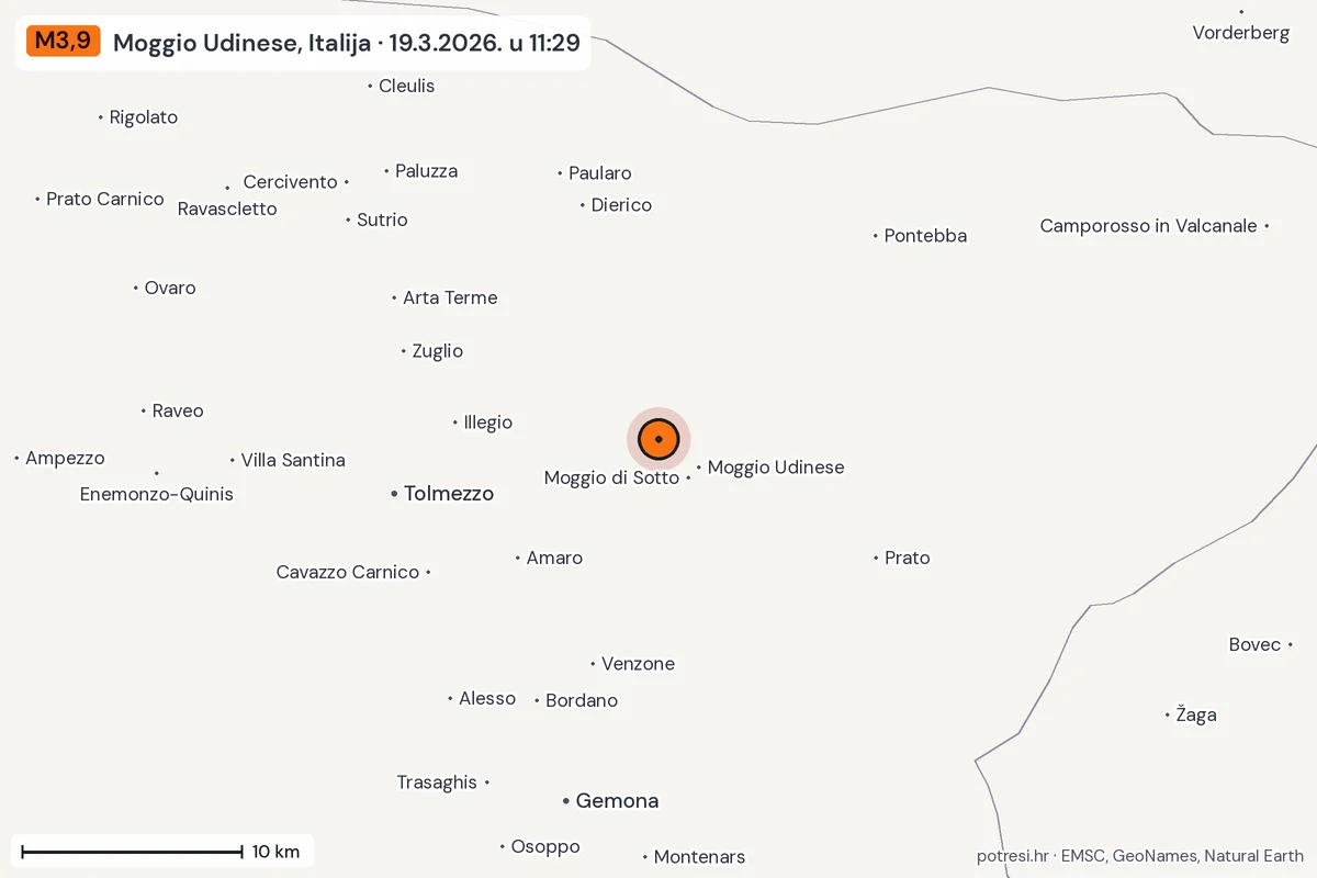 Karta: okolica epicentra, 60 km, potres M3,9, Moggio Udinese, Italija, 19.3.2026.